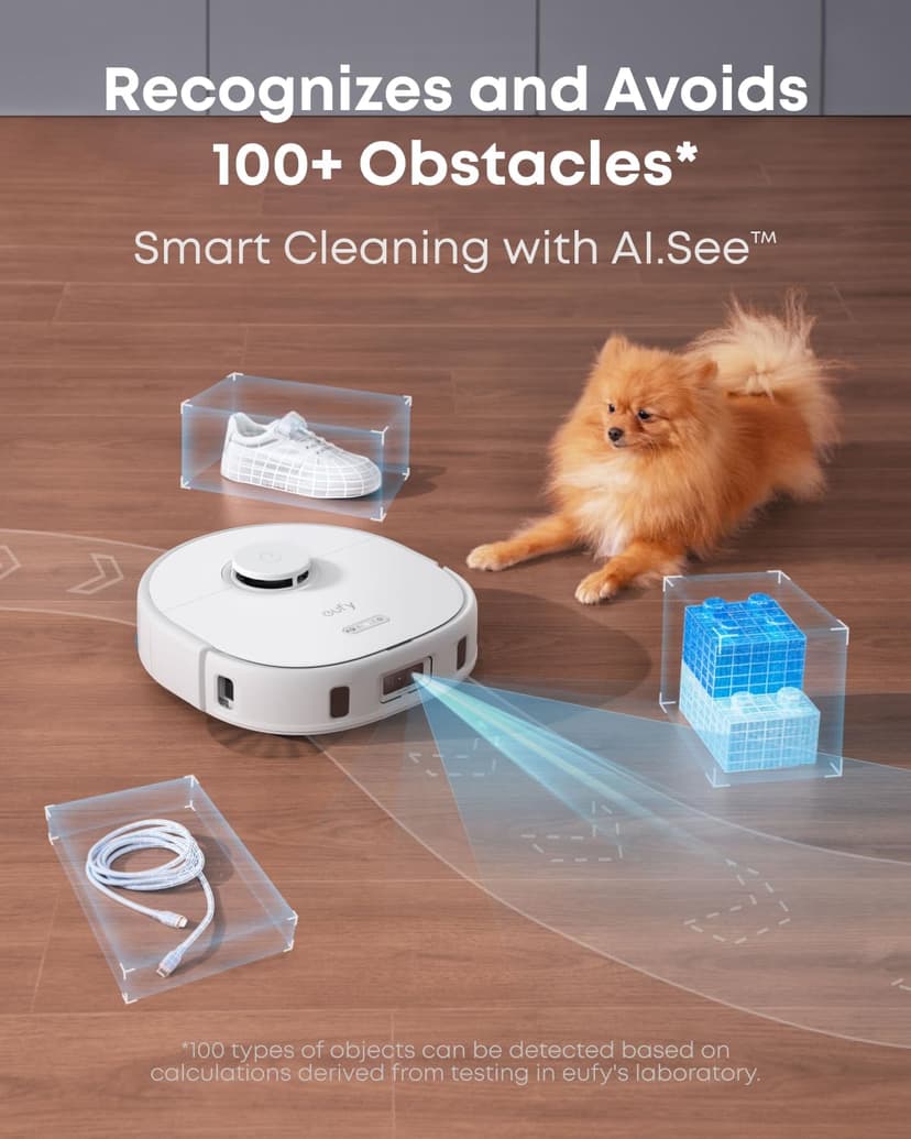 eufy X10 Pro Omni Robot Vacuum and Mop Combo, 8,000 Pa Suction, Dual Mops with 12 mm Auto-Lift and Carpet Detection, AI Obstacle Avoidance, Auto Mop Washing, Auto Drying, Self-Emptying, White