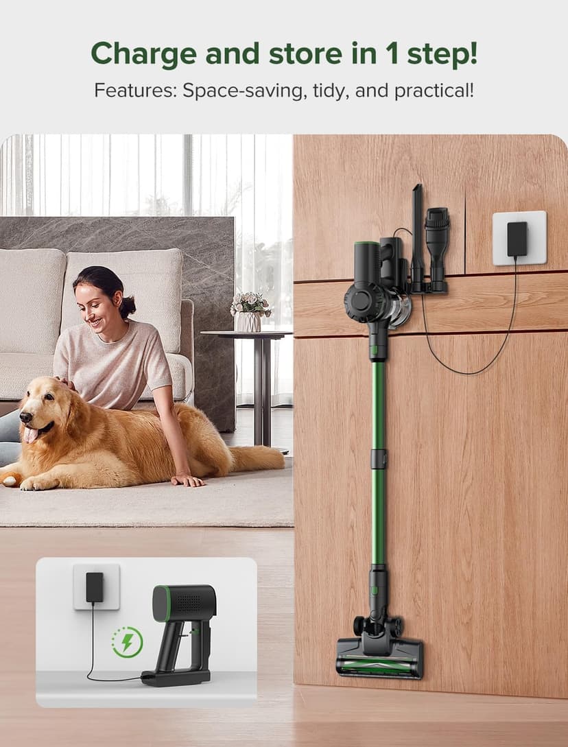 Vexilar Cordless Vacuum Cleaner, 550W/45Kpa Vacuum Cleaners for Home, Stick Vacuum with Brushless Motor, 45Mins Runtime, Touch Screen, Self-Standing, Lightweight Handheld Vacuum for Pet Hair(Green)