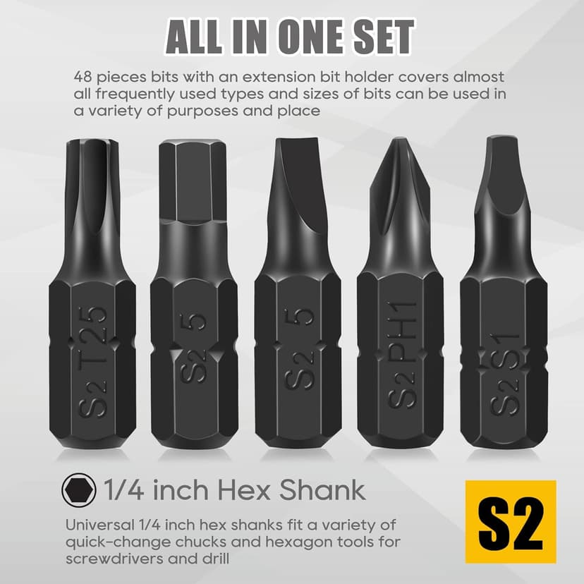 AEJ 49-Pack Screwdriver Bit Set, Hex Head Drill Bit Set, Torx Square Slotted Phillips Bit Set with 1/4" Bit Holder, 1/4 Hex Shank, S2 Steel, 1"Long