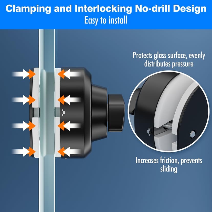 Ranbo Frameless Glass Door Floor Lock, Clamp-On No-Drill, 304 Stainless Steel, Fits 3/8"–1/2" (10–12 mm) Swing/Sliding Doors — Ideal for Office, Entrance, Storefront,Top or Bottom Mount, Matte Black