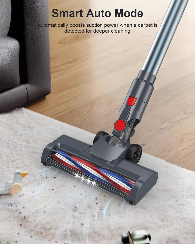Cordless Vacuum Cleaner, 60 Mins Runtime Vacuum Cleaners for Home, Stick Vacuum Self-Standing, Wall Mount Charging, 3 Mode Handheld Vacuum for Pet Hair/Carpet/Floor