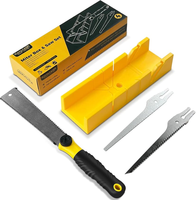 4-Piece Miter Box and Saw Set, 12-Inch Mitre Box with 3 Mitre Saws for Precise Miter and Bevel Cuts, Miter Box with Saw Included for Woodworking, Crafting and Carpentry