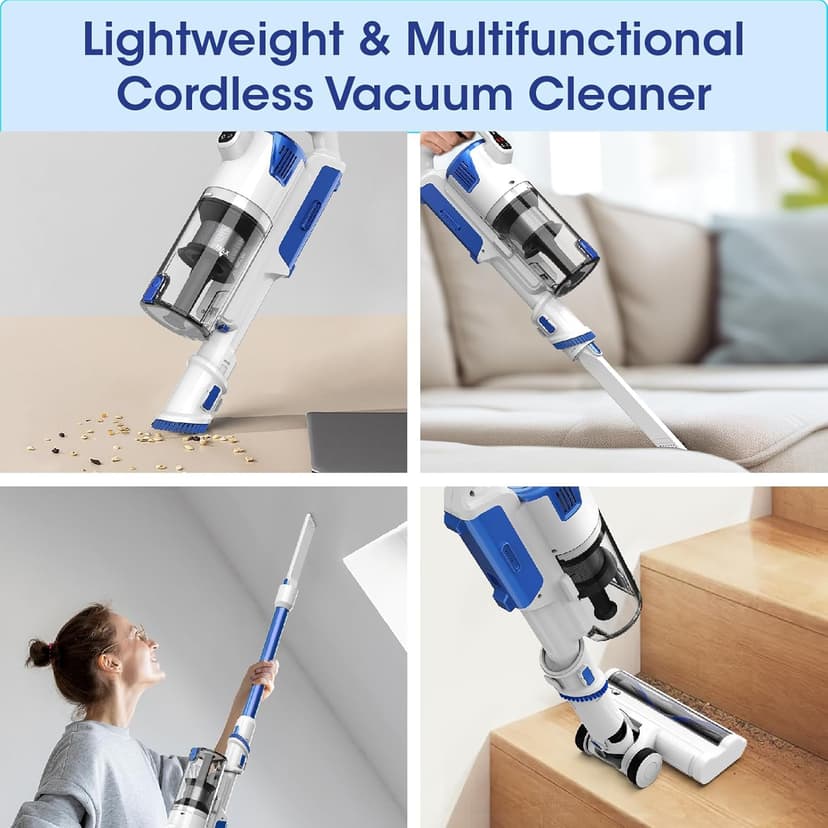 Cordless Vacuum Cleaner, Brushless Motor Powerful Suction Stick Vacuum, LED Display, with 2500 mAh Detachable Battery, 45 Mins Runtime Vacuum Cleaners for Home/Pet Hair/Hardwood/Carpets, Blue