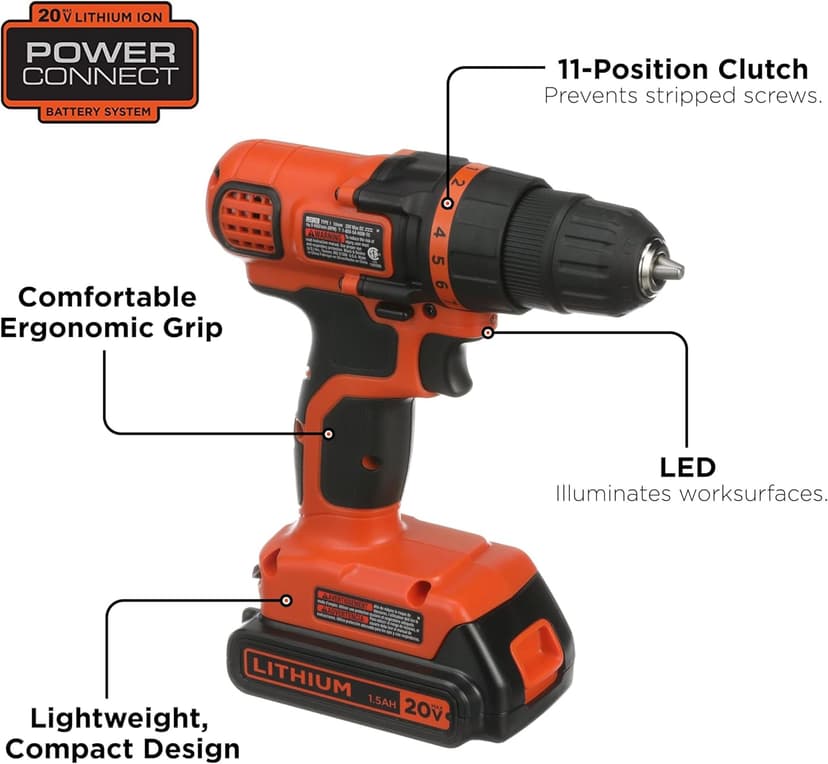 BLACK+DECKER 20V MAX Cordless Drill and Driver, 3/8 Inch, With LED Work Light, Battery and Charger Included (LDX120C)