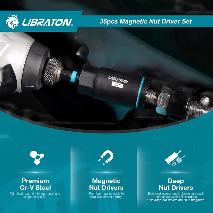 LIBRATON Magnetic Nut Driver Set, 35PCs Impact Driver Bit Set, Deep Nut Driver Set, Metric & SAE Nut Driver for Impact Drill, Wing Nut Driver, Quick-release Bit Holder, Drill Bit PH1 PH2, with Toolbox