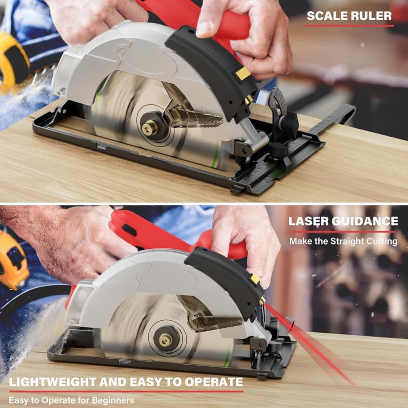 Mini Circular Saw, Circular Saw, Corded Circular Saw 12A 5500RPM Power Circular Saw with 7-1/4'' Saw Blade and Guide 2.45'' (90°) & 1.81'' (45°) Max Cutting Depth for Wood Plastic (1)