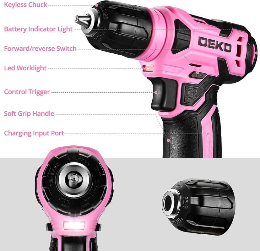 DEKOPRO 8V Cordless Drill, Drill Set with 3/8"Keyless Chuck, 42pcs Acessories, Built-in LED, Type-C Charge Cable, Pink Power Drills for Drilling and Tightening/Loosening Screws