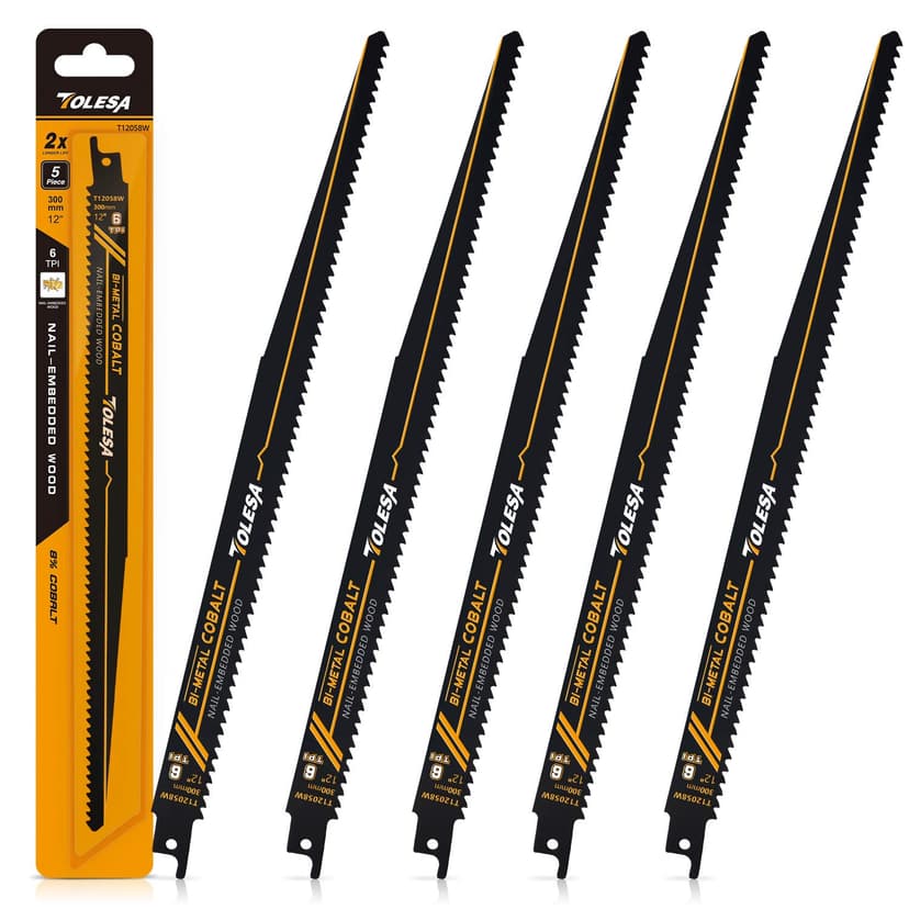 TOLESA Nail Embedded Wood Reciprocating Saw Blades for Window Door Demolition and Construction Wood Cutting 12 Inch 6TPI Bi-Metal Teeth with Cobalt Sharp Cutting 5 Pack