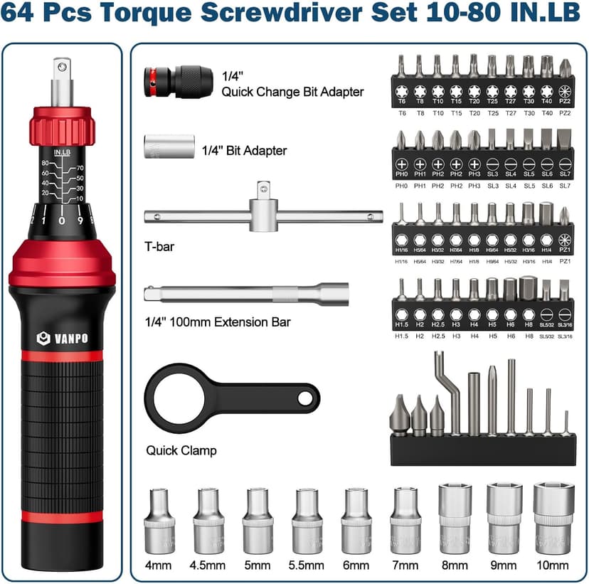 VANPO 1/4" Torque Screwdriver Set, 64 Pieces 10–80 in-lb Inch Pound Torque Wrench Screwdriver Kit with T-Bar & S2 Bits – Precision Tool for Optics, Electronics, Smart Locks & DIY Repair