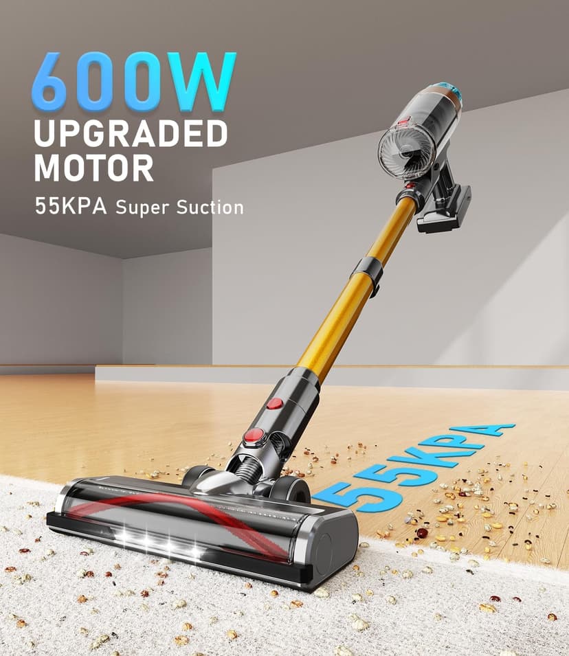 Cordless Vacuum Cleaner 600W 55Kpa Stick Vacuum,Up to 55Mins, Vacuum Cleaners for Home Rechargeable Wall Mount OLED Color Screen Anti-tangled Vacuum for Car,Hardwood Floor,Carpets,Pet Hair EHBL