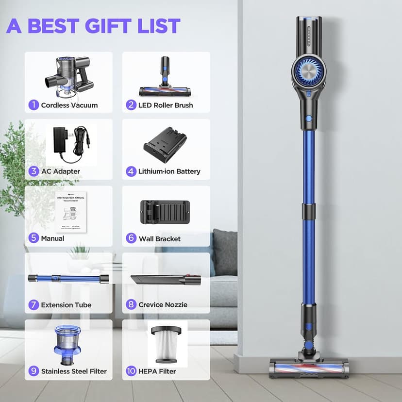 Vacuum Cleaners for Home, Cordless Vacuum Cleaner Powerful Suction with 80000 RPM, Up to 40mins Runtime, Rechargeable, Wall-Mounted, Tangle-Resistant Stick Vacuum for Carpet, Hard Floors