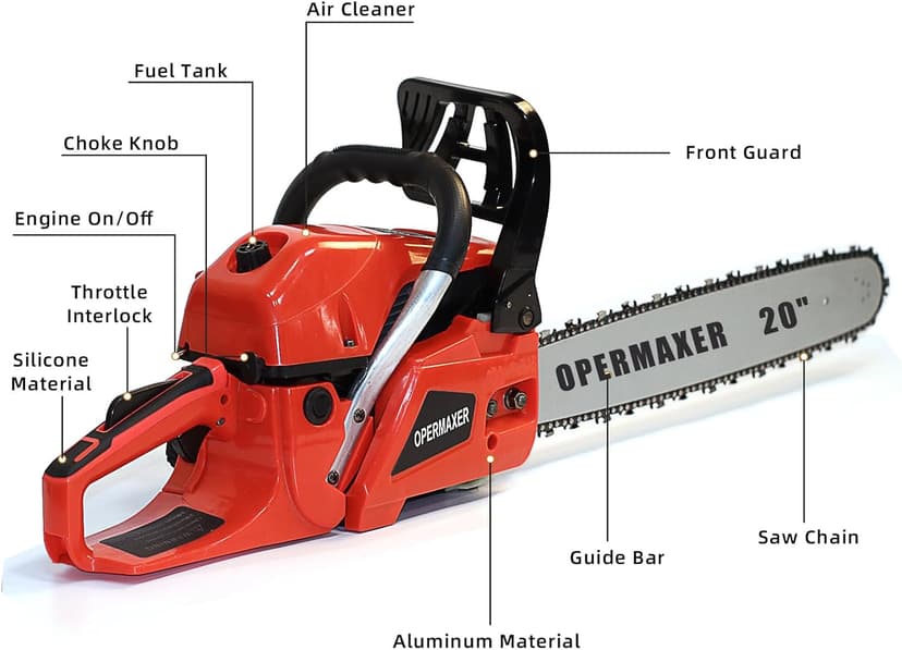 58CC 20 Inch 2-Cycle Gas Powered Chainsaw, 12500r/min 3.8 HP Chainsaw Gas Powered, Low Kickback, Anti-Vibration, Protective Design for Tree Wood Cutting(Red)