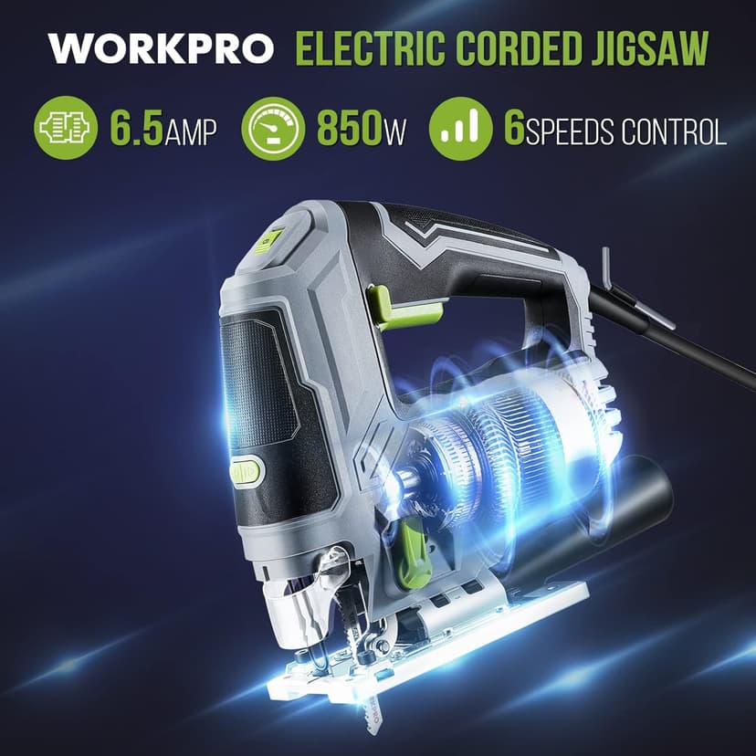 WORKPRO Jigsaw, 6.5AMP 850W Corded Electric Jig Saw Tool Kit with 6 Variable Speeds, 7 Blades, ±45° Bevel Cutting, LED Light, 3000 SPM, 4 Orbital Settings, Edge Guide, Tool-free Blade Changing