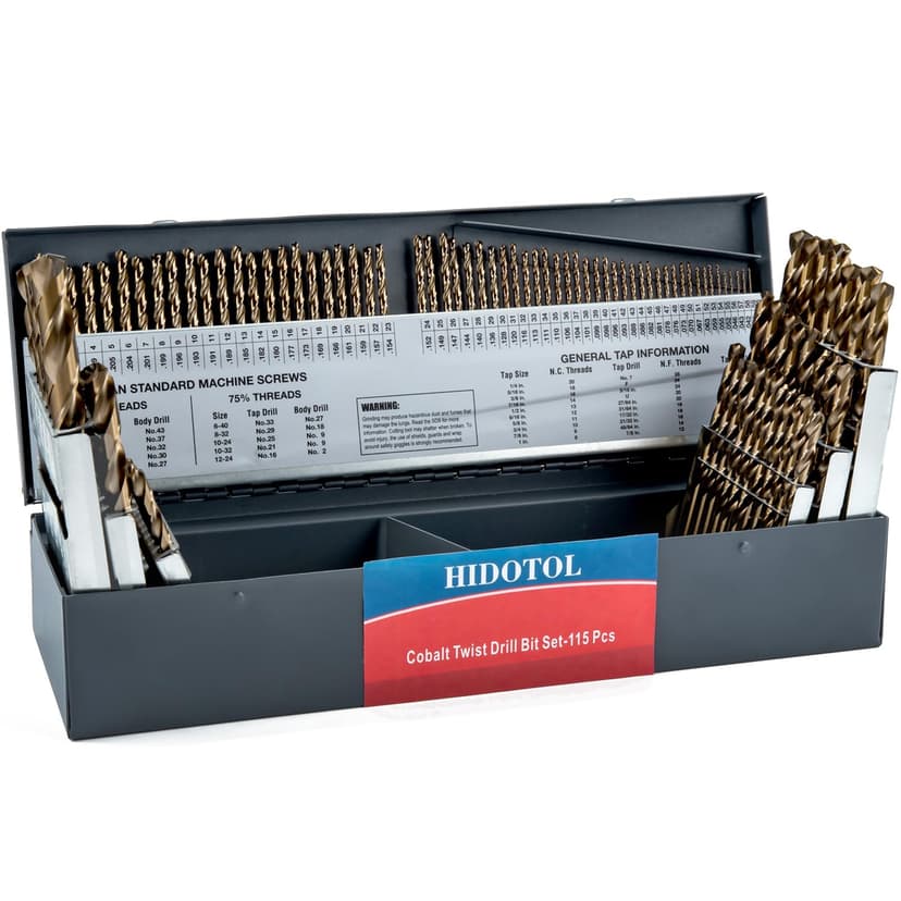 115PCS Cobalt Drill Bit Set M35 HSS for Hardened Steel Fractional 1/16"-1/2", Letter A - Z, Wire #1 - #60 with Indexed Metal Case
