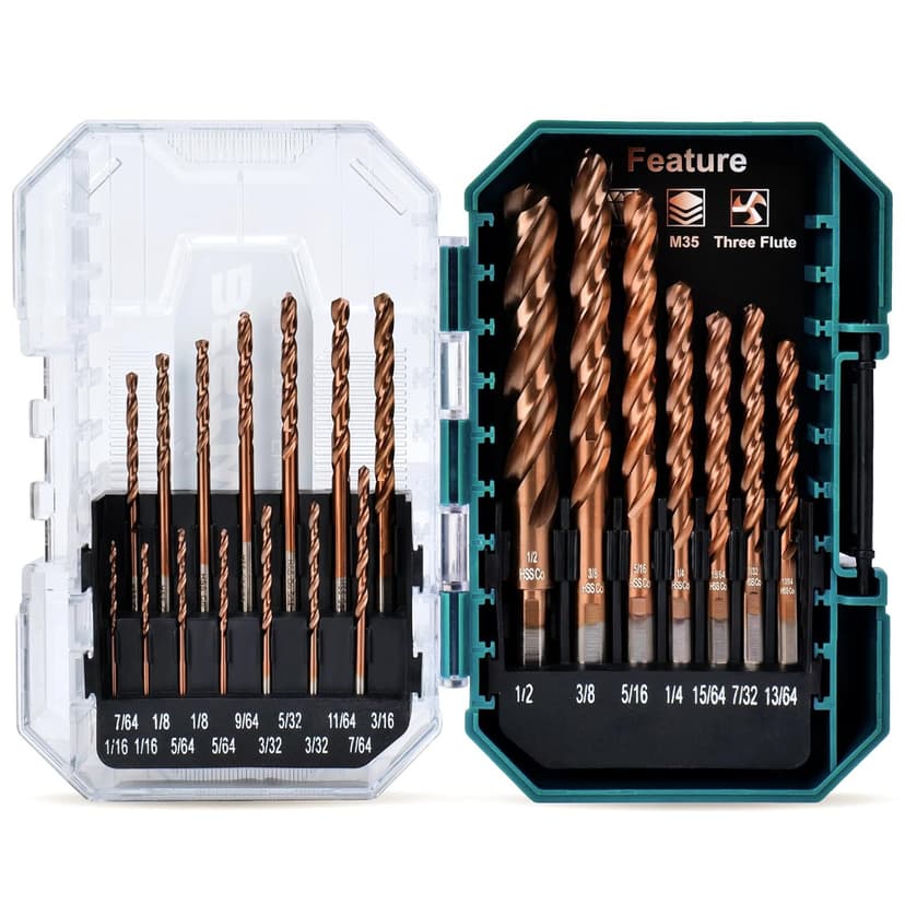 Three Flute Cobalt Drill Bit Set, M35 Metal Drill Bits with Three-Flat Shank and 135 Degree Split Point, for Hardened Metal, Stainless Steel, Cast Iron, Plastic & Wood, 21-Piece, 1/16"-1/2"