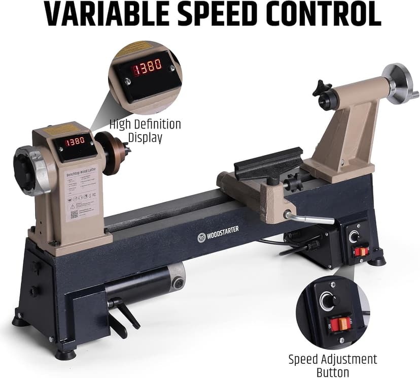 12" x 18" Wood Turning Lathe, 1 HP Benchtop Woodworking Lathe with Variable Speed 650-3800 RPM, Dual-Function Design with Extension Ports for Belt Sander or Grinding Wheel or Rotary Kit