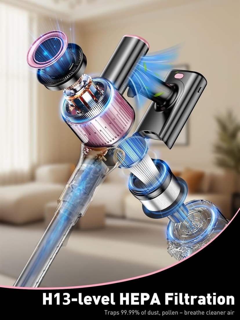 Cordless Vacuum Cleaner, 10-in-1 Vacuum Cleaners for Home with 28.75 in Hose, LED Display, Anti-Tangle Brush, Lightweight Stick Vacuums for Carpet, Pet Hair, Hardwood Floors, Dryer (Pink)