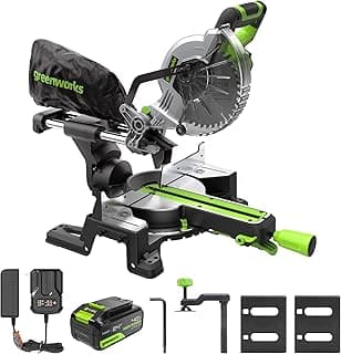 Greenworks 24V Brushless 7-1/4" Sliding Compound Miter Saw Kit, 4800RPM, Single Bevel 0-47°, LED Cut Line, Dust Collection, 4.0Ah Battery & Charger Included