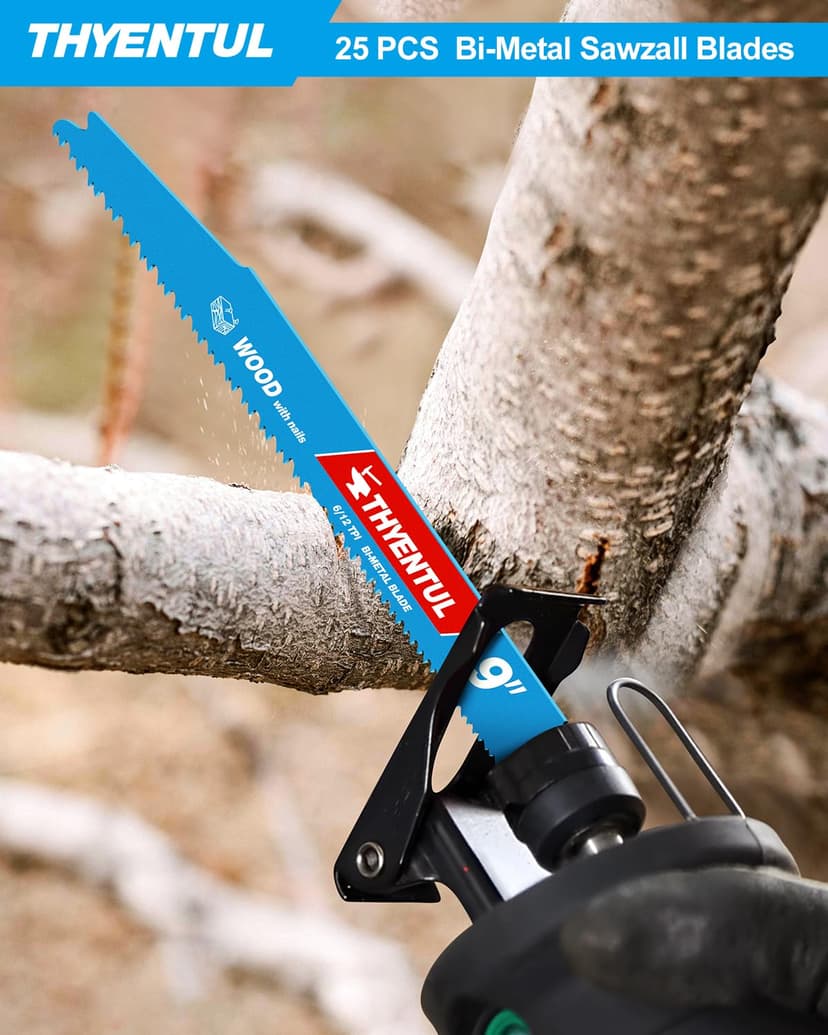 25 Pack 9 in Stud and Nail Sawzall Blades,Demo Demon Bi-Metal Demolition Reciprocating Saw Blade for Nail-Embedded Wood Cutting, Garden Pruning, Tree Trimming（6/12TPI）