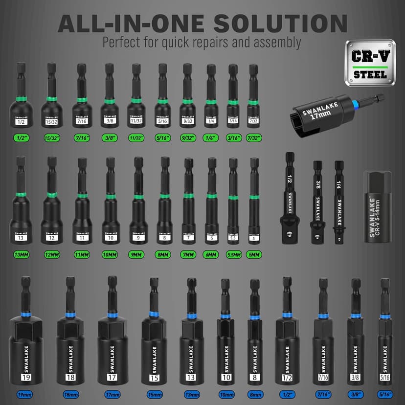 74-Piece Magnetic Nut Driver Set for Impact Drill Metric & SAE, Impact Socket Adapter, Power Bits with Magnetic Holder, Wing Nut Driver, Universal Socket, 1/4'' Quick-change Bit Extension