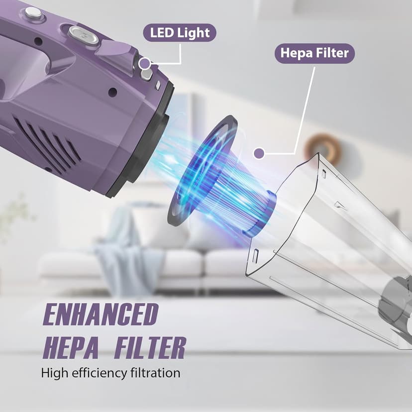 Handheld Vacuum Cordless - Car Vacuum Portable & Small Vacuum Cleaner with 6KPa Suction, USB Vacuum Cordless Rechargeable, HEPA Filter, LED Light for Pet Hair, Home, Car, Office - Includes Accessories