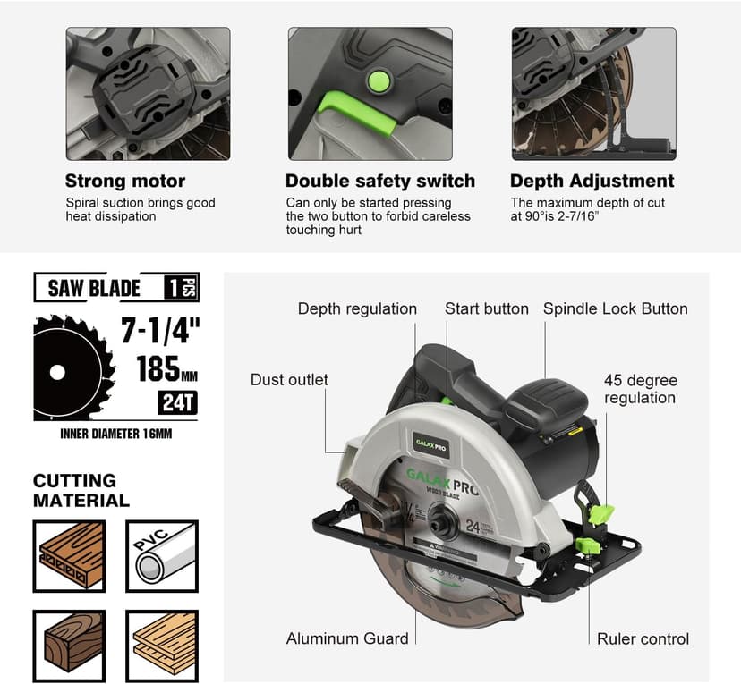 GALAX PRO 11 Amp Power Circular Saw, 6000RPM Corded Circular Saw with Adjustable Cutting Depth 2-1/2" (90°) to 1-7/8" (45°), 7-1/4 Inch Carpentry Saw Blade, Ideal for Wood, Plastic Cuts