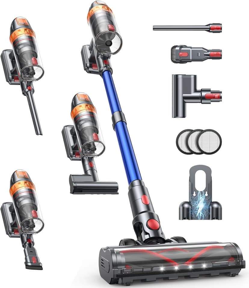 Cordless Vacuum Cleaner, 600W 45KPA with Upholstery Cleaning Tool, Stick Vacuum Cleaners for Home 60 Mins Runtime, Self-Standing, Wall Mount Charging, Rechargeable Vacuum for Floor Carpet Pet Hair