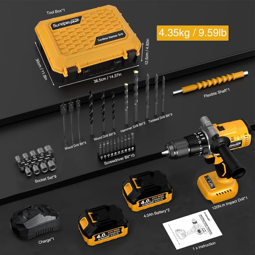 21V Cordless Hammer Drill - 1060In·lbs Brushless Drill Set with 2 x 4.0Ah Battery - 20+3 Torque Battery Drills 2150RPM Power Drills 1/2" Chuck Electric Drill for Drilling Wood Bricks Metal