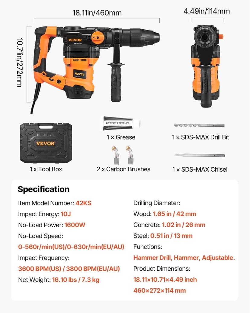VEVOR 1-9/16 Inch SDS-Max Rotary Hammer Drill, 13Amp Corded Drills, Heavy Duty Chipping Hammers w/Vibration Control & Safety Clutch, Electric Demolition Hammers Variable Speed, Power Tool For Concrete