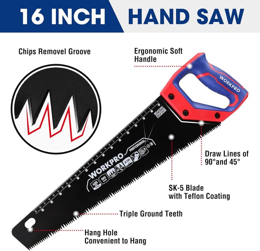 WORKPRO 16-Inch Universal Handsaw with Non-Slip Comfortable Handle, Anti-Rust Wood Saw With Chip Removal Design, Heavy-Duty for Cutting Wood, Laminate, PVC