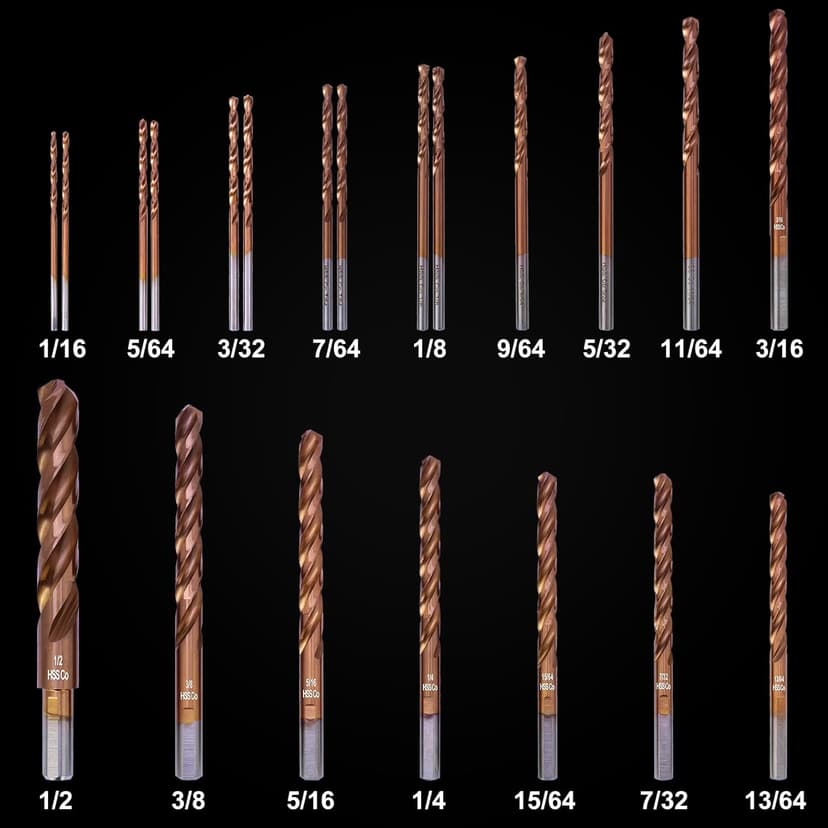 Three Flute Cobalt Drill Bit Set, M35 Metal Drill Bits with Three-Flat Shank and 135 Degree Split Point, for Hardened Metal, Stainless Steel, Cast Iron, Plastic & Wood, 21-Piece, 1/16"-1/2"