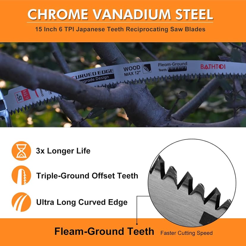 Sawzall Blades for Cutting Trees, 5 Pack 15 Inch 6 Tpi Japanese Teeth Reciprocating Saw Blades, Cr-V Wood Cutting and Tree Trimming Blades with Curved Edge and Fleam-Ground Teeth