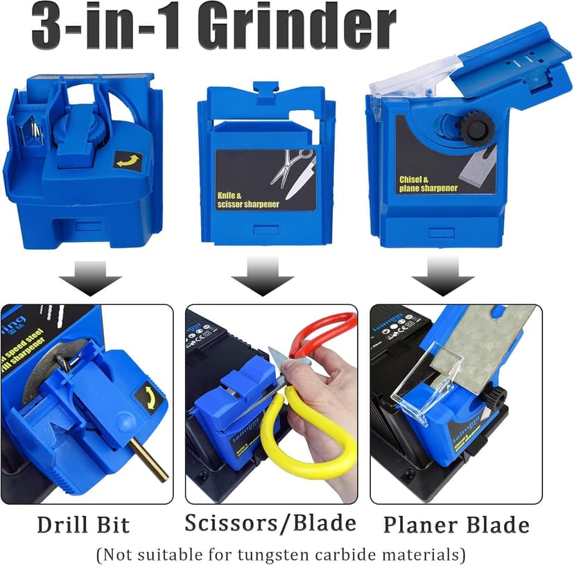 Electric Drill Bit Sharpener, 3-in-1 Multifunction Electric Sharpening Machine for Knife, drill, Chisel, Scissor, 110V, Grinder with Adjustable Angles, 96W, 1350rpm, Compact Design