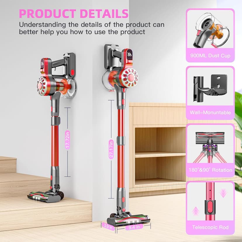 Cordless Vacuum Cleaner,Vacuum Cleaners for Home with Super Suction,Stick Vacuum Cleaner Rechargeable Up to 35 Mins Runtime,Lightweight Hardwood Floor Vacuum for Pet Hair,Carpet(Red)