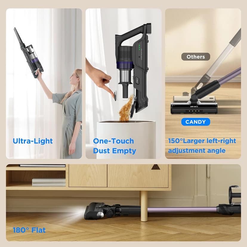 CANDY™ Cordless Vacuum Cleaner,3-in-1 Ultra-Light 4.8lb Vacuum, Anti-Hair Wrap,12-45Min Runtime,Powerful Suction,180° Flat,150° Left Right Swivel,HEPA Filtration for Carpets, Hard Floors & Pet Hair