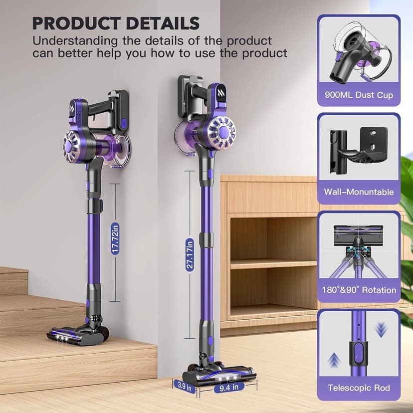 Vacuum Cleaners for Home,Cordless Vacuum Cleaner with Powerful Suction,Stick Vacuum Cleaner Rechargeable,Up to 35 Mins,Lightweight Vacuum for Pet Hair,Carpet,Floor(Purple)