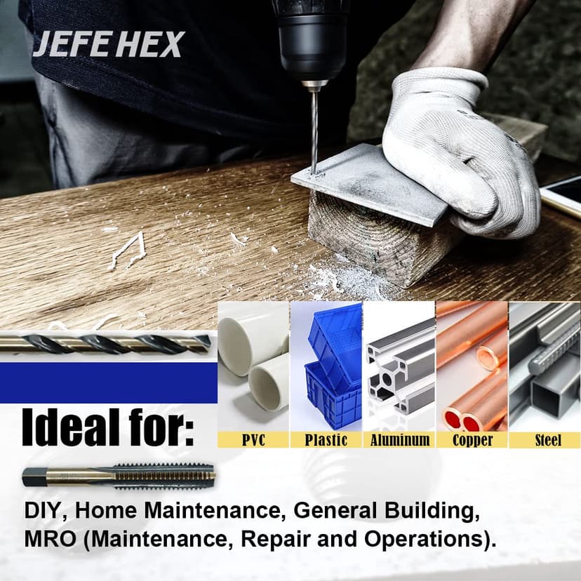 JEFEHEX 18pcs Drill and Tap Set with 1 Piece T-Handle Ratchet Tap Wrench, Tap Range 6-32NC—1/2"-13NC, Black and Gold Premium HSS Jobber Length Drill Bits and Hand Plug Taps with Metal Indexed Box