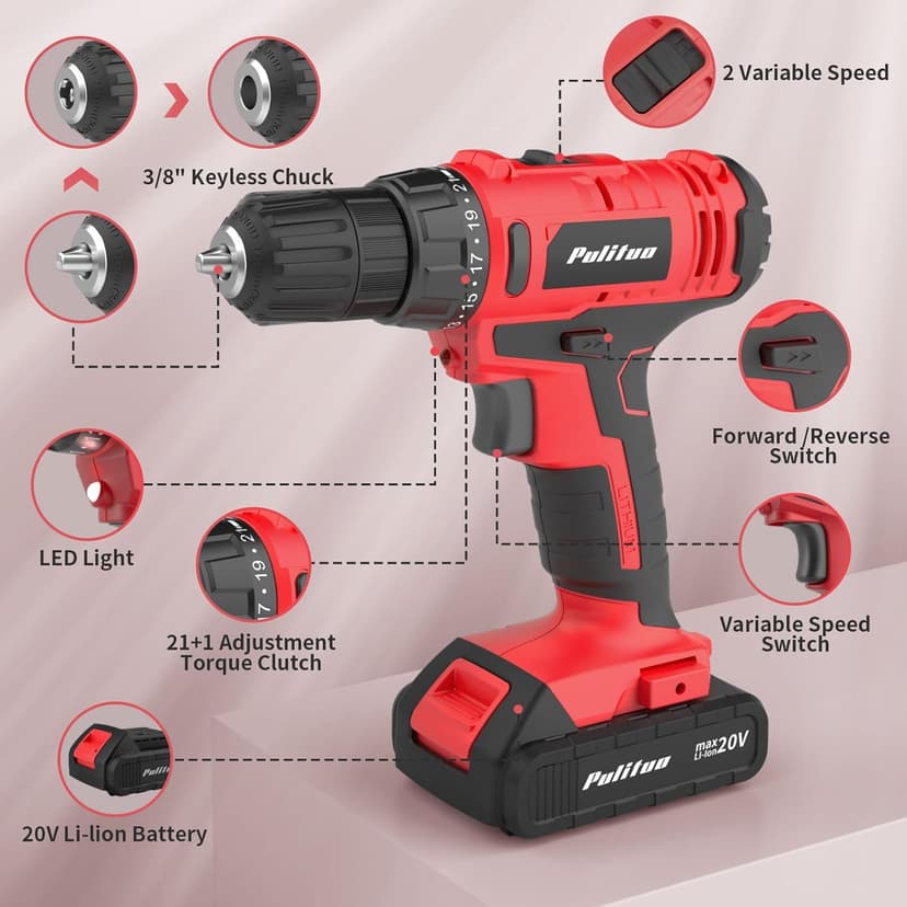PULITUO 20V Cordless Drill/Driver, 2 Batteries Electric Screwdriver, 30Nm Power Drill Driver, 21+1 Torque, 2 Speed, 3/8"Keyless Chuck, power Drill with LED Light, Drill Driver Kit for Home (Red)