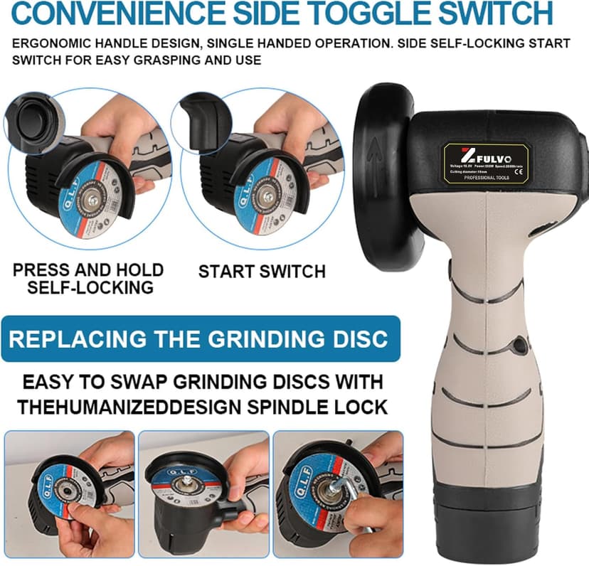 Cordless Brush Angle Grinder Kit, 19500rpm Mini Electric Angle Grinding Tool with 2pcs 16.8V 2000mAh Batteries and 5-Cutting Discs, Grinder Handheld Cutter for Metal Wood