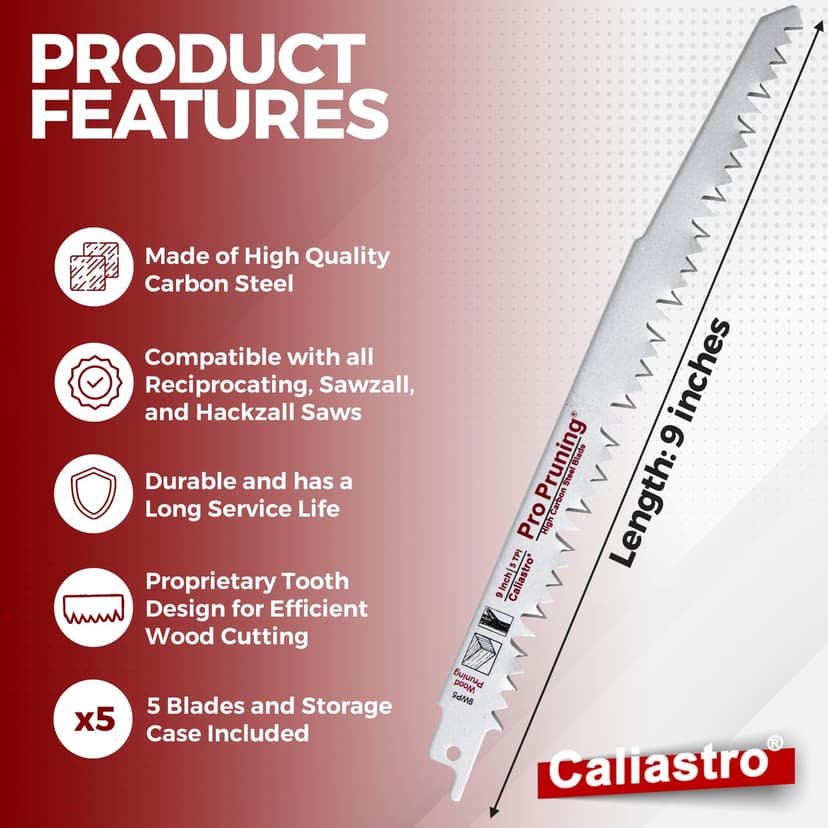 9-Inch Wood Pruning Saw Blades for Reciprocating/Sawzall Saws - 5 Pack - Caliastro