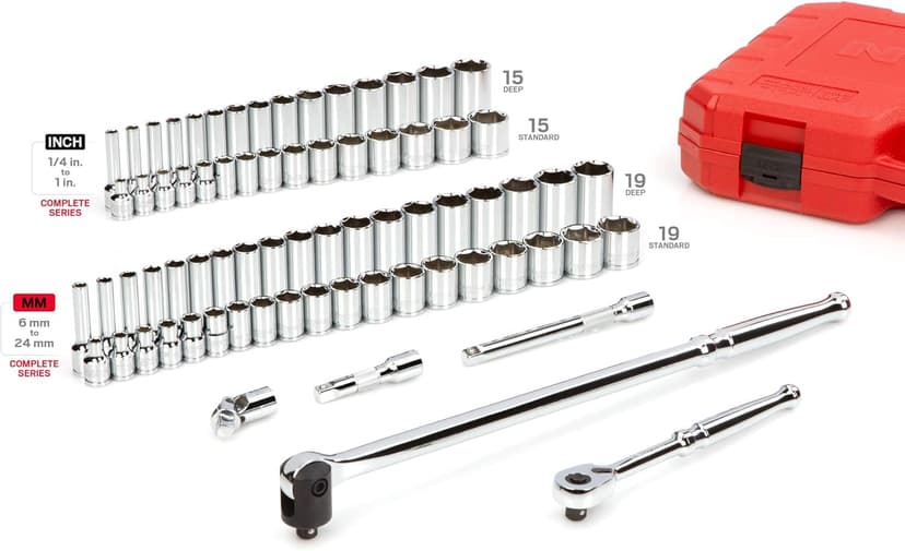 TEKTON 3/8 Inch Drive 6-Point Socket and Ratchet Set, 73-Piece (1/4-1 in., 6-24 mm) | SKT15311
