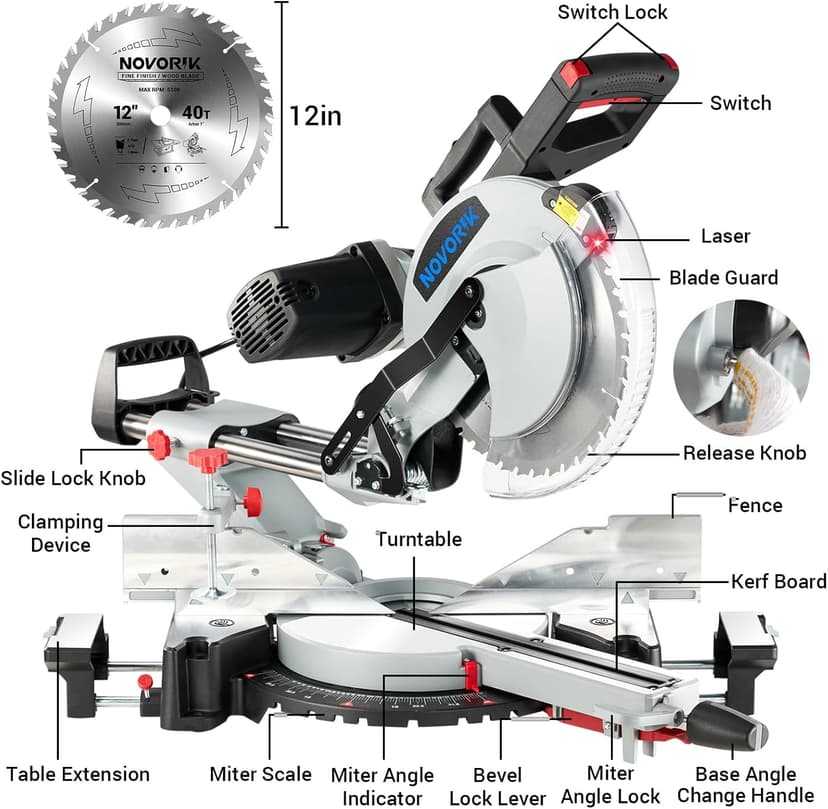 Double Bevel Compound Sliding Miter Saw, Double-Bevel Corded Miter Saw with Laser Guide & 15-Amp Heavy-Duty Motor, Sliding Miter Saw with TCT Saw Blade for Woodworking (12")