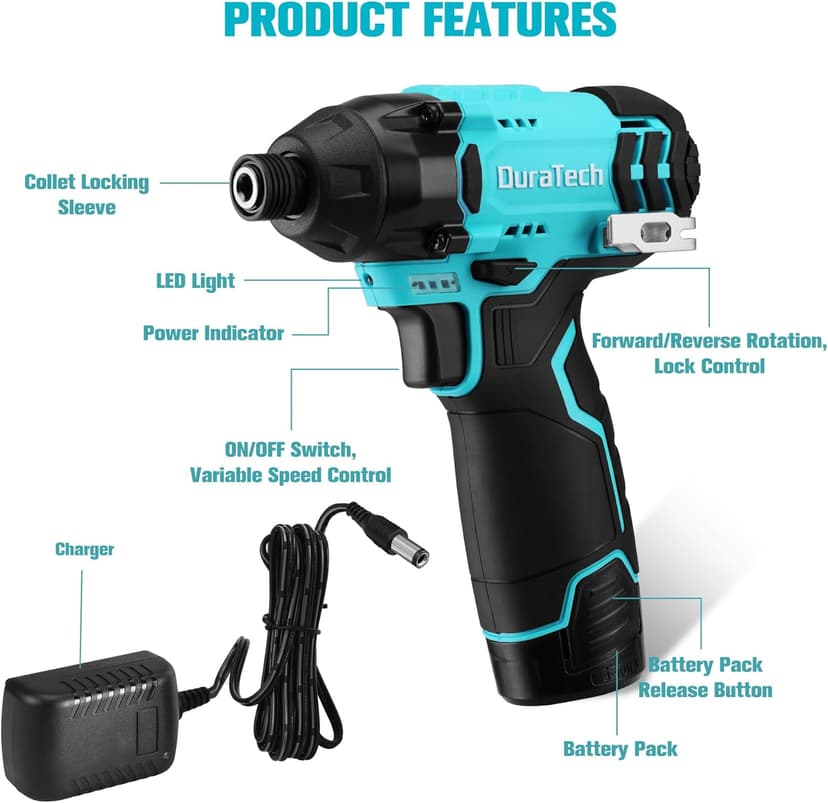 DURATECH 12V Cordless Impact Driver, 1/4” Electric Impact Driver with 11pcs Screwdriver Bits, 3pcs Nut-driver Bits, Variable Speed(0-2400RPM), LED Light, Tool Bag, Battery and Charger Included