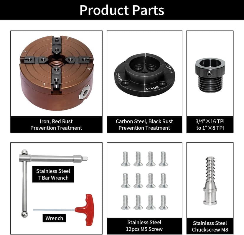 4 Inch Wood Lathe Chuck Set 1"X8TPI Thread & 3/4"X16TPI Adapter, Self-Centering 4 Jaw Wood Turning Chuck