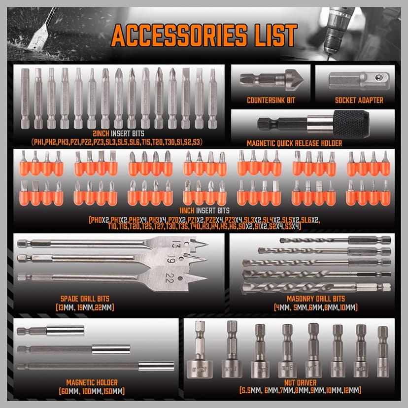HORUSDY Impact Drill Bit Set, 112-Pieces 1/4" Hex Shank Impact Driver Bits and Screwdriver Bits Set for Screw Driving and Wood Metal Cement Drilling Screwdriver Bits Set with Storage Case