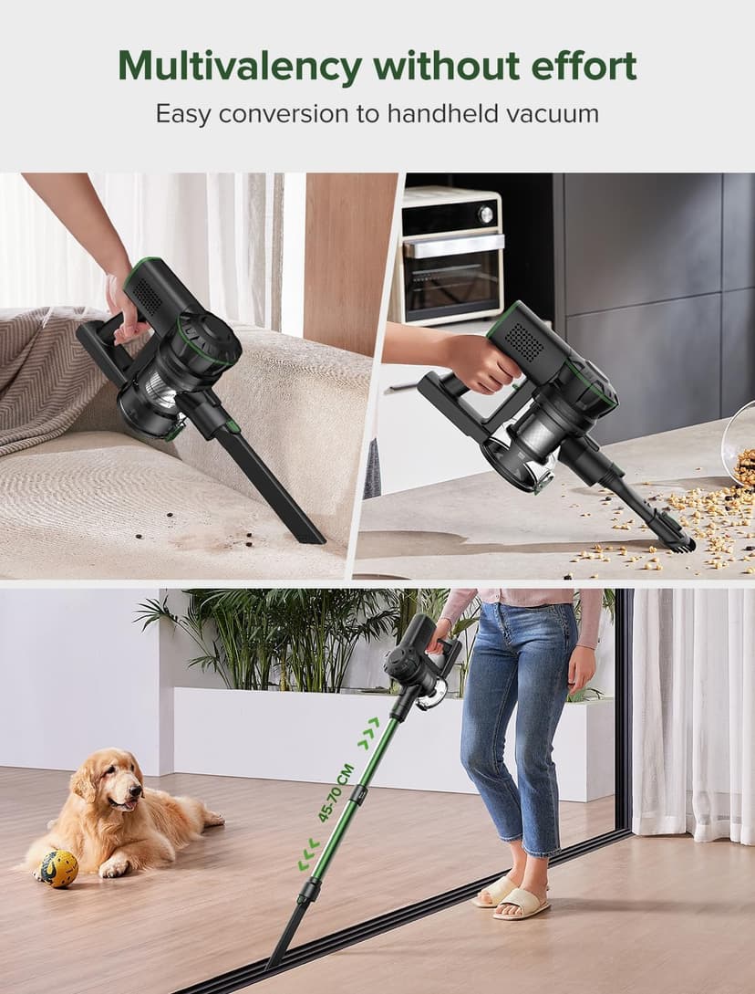 Vexilar Cordless Vacuum Cleaner, 550W/45Kpa Vacuum Cleaners for Home, Stick Vacuum with Brushless Motor, 45Mins Runtime, Touch Screen, Self-Standing, Lightweight Handheld Vacuum for Pet Hair(Green)