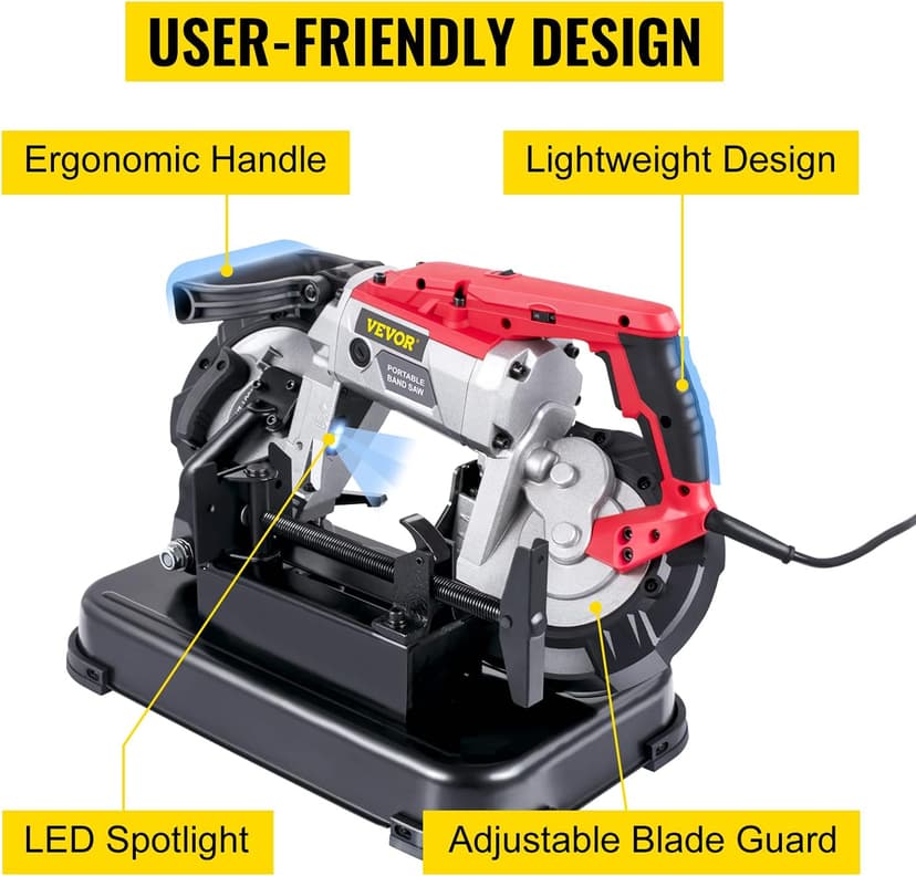 VEVOR Portable Band Saw, 110V Removable Alloy Steel Base Corded Band Saw, 5 Inch Cutting Capacity Hand held Band Saw,Variable Speed Portable Bandsaw, 10Amp Motor Deep Cut Band saw for Metal Wood
