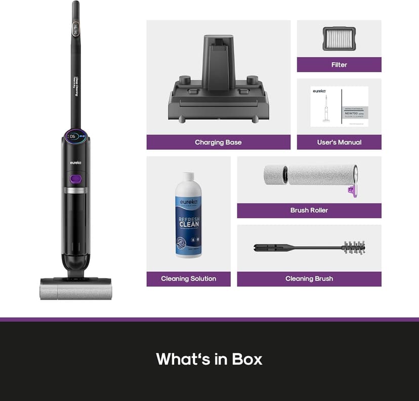 Eureka Cordless Wet Dry Vacuum Cleaner and Mop,170° Reclinable,185°F Hot Air Self-Cleaning Vacuum,Long Run Time,Great for Hard Floors Pet Hair Sticky Messes，RapidWash 730, Purple
