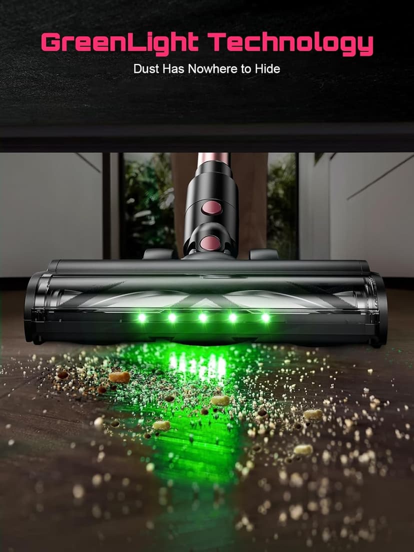Cordless Vacuum Cleaner, 10 in 1 Stick Vacuum with Powerful Suction, Hose, Green LED Light, Anti-Tangle Brush, Lightweight Rechargeable Vacuum Cleaner for Home, Hardwood Floors, Carpets, Pet Hair,Pink