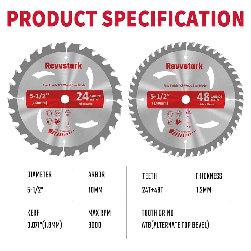 5-1/2" (10mm Arbor) Circular Saw Blades 24T&48T, Carbide Tipped Teeth, Heavy Duty TCT Saw Blades for Cutting Various Wood, Plastic and Composite Materials